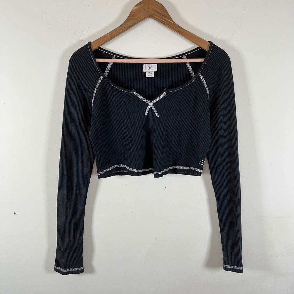 BDG Ribbed Cropped Long Sleeve Top Notch Neck Exposed Seams Black Medium